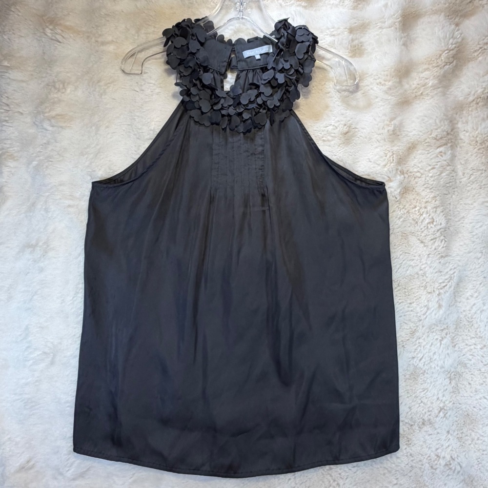 Violet & Claire Black Halter Top 3D Floral Petal Collar Pleated Blouse XL